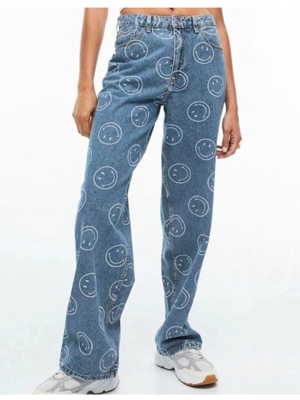 H&M Smile X Blue High Rise Wide Leg Smiley Face Baggy Denim Jeans NWOT